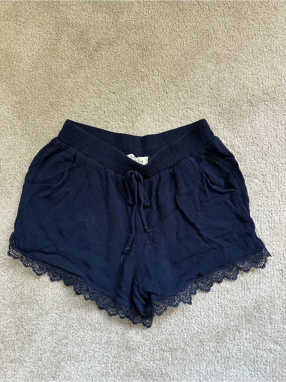 Navy Lace Trim Drawstring Shorts with Pockets